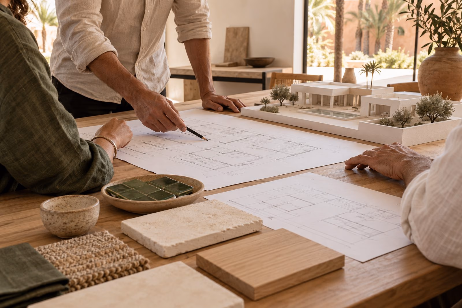 First meeting with an architect in Marrakech around villa plans and a scale model