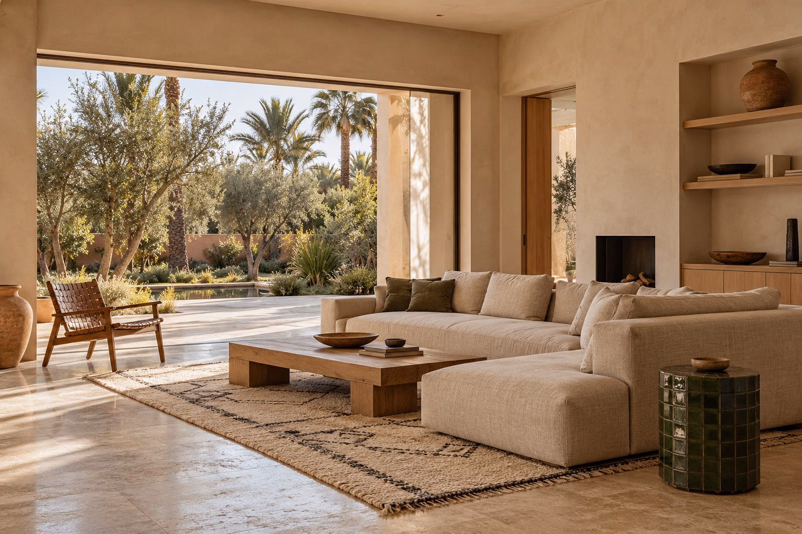 Living room of a contemporary Marrakech villa with tadelakt and travertine finishes