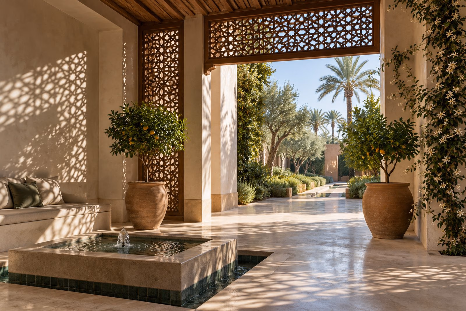 Shaded patio of a Marrakech villa designed for the climate