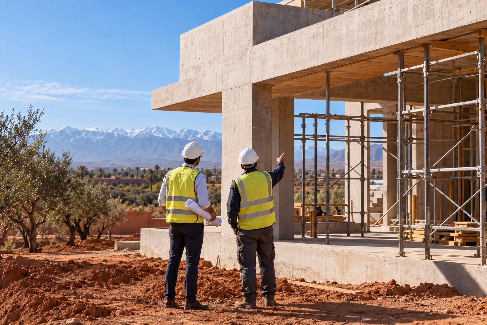Architect inspecting a villa construction site near Marrakech